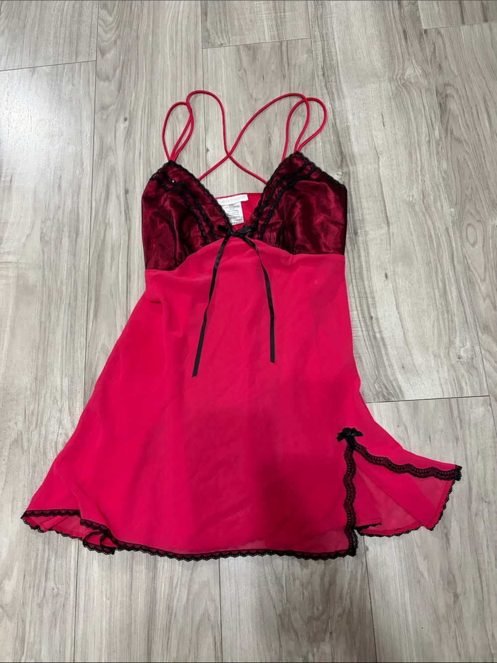Red Satin & Chiffon Lace-Trim Slip Chemise with Black Accents